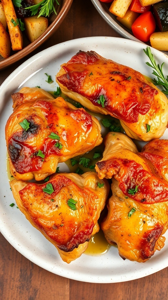 Crispy Baked Chicken Thighs Recipe Crispy baked chicken thighs on a plate, garnished with herbs, served with roasted vegetables.